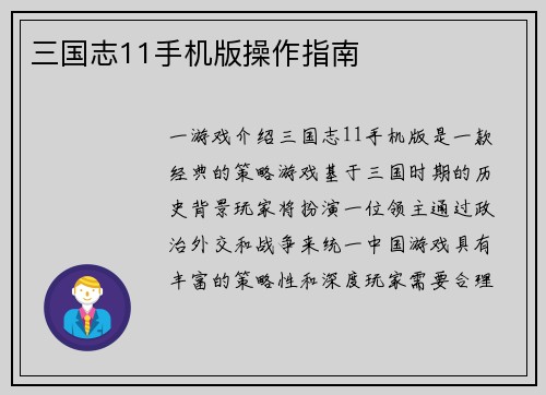 三国志11手机版操作指南